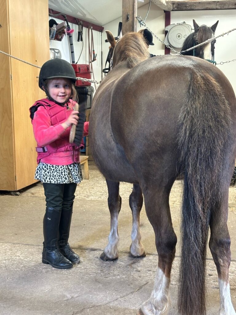 Emma kuemmert sich um das Pferd
